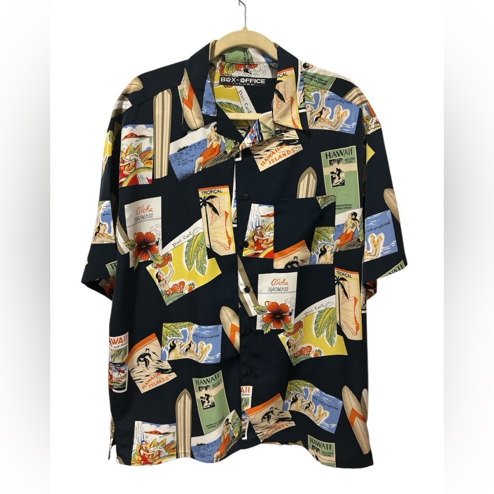 Vintage Navy Hawaiian Button Down Shirt with Retro Print